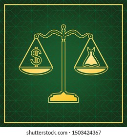 Dress and dollar symbol on scales. Golden icon with gold contour at dark green gridded background. Illustration.