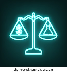 Dress and dollar symbol on scales. Cyan neon icon in the dark. Bluring. Luminescence. Illustration.
