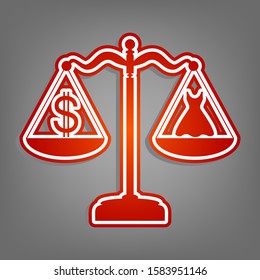 Dress and dollar symbol on scales. Flat red icon with linear white icon with gray shadow at grayish background. Illustration.