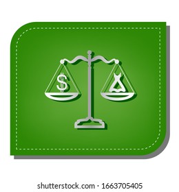 Dress and dollar symbol on scales. Silver gradient line icon with dark green shadow at ecological patched green leaf. Illustration.