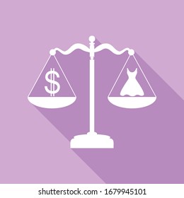 Dress and dollar symbol on scales. White Icon with long shadow at purple background. Illustration.