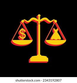 Dress and dollar symbol on scales. 3D Extruded Yellow Icon with Red Sides a Black background. Illustration.