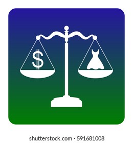 Dress and dollar symbol on scales. Vector. White icon at green-blue gradient square with rounded corners on white background. Isolated.