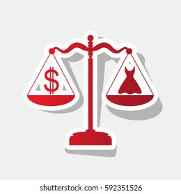 Dress and dollar symbol on scales. Vector. New year reddish icon with outside stroke and gray shadow on light gray background.