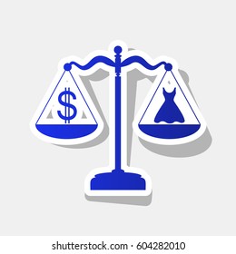 Dress and dollar symbol on scales. Vector. New year bluish icon with outside stroke and gray shadow on light gray background.