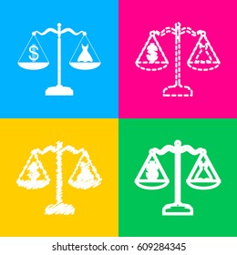Dress and dollar symbol on scales. Four styles of icon on four color squares.