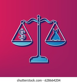 Dress and dollar symbol on scales. Vector. Blue 3d printed icon on magenta background.