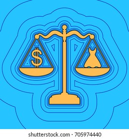 Dress and dollar symbol on scales. Vector. Sand color icon with black contour and equidistant blue contours like field at sky blue background. Like waves on map - island in ocean or sea.
