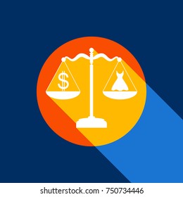 Dress and dollar symbol on scales. Vector. White icon on tangelo circle with infinite shadow of light at cool black background. Selective yellow and bright navy blue are produced.