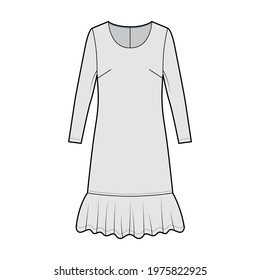 Dress dropped waist technical fashion illustration with long sleeves, oversized body, knee length skirt, round neck. Flat apparel front, grey color style. Women, men unisex CAD mockup