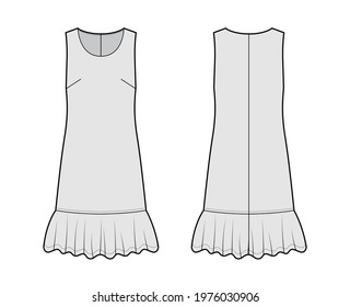 Dress dropped waist technical fashion illustration with sleeveless, oversized body, knee length skirt, round neck. Flat apparel front, back, grey color style. Women, men unisex CAD mockup