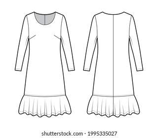 Dress dropped waist technical fashion illustration with long sleeves, oversized body, knee length skirt, round neck. Flat apparel front, back, white color style. Women, men unisex CAD mockup