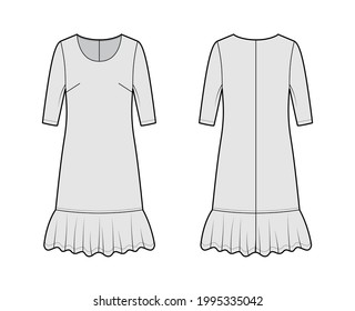 Dress dropped waist technical fashion illustration with elbow sleeves, oversized body, knee length skirt, round neck. Flat apparel front, back, grey color style. Women, men unisex CAD mockup