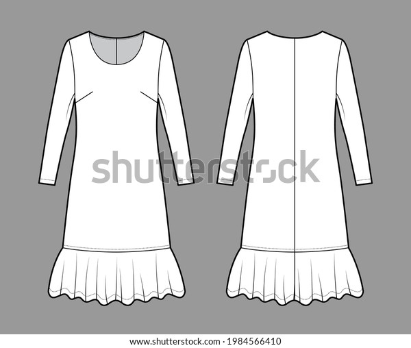 Dress dropped waist technical fashion illustration\
with long sleeves, oversized body, knee length skirt, round neck.\
Flat apparel front, back, white color style. Women, men unisex CAD\
mockup