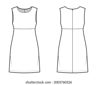 Dress empire line technical fashion illustration with sleeveless, oversized body, knee length A-line skirt. Flat apparel front, back, white color style. Women, men unisex CAD mockup