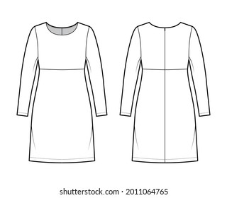 Dress empire line technical fashion illustration with long sleeves, oversized body, knee length A-line skirt. Flat apparel front, back, white color style. Women, men unisex CAD mockup