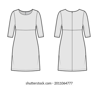 Dress empire line technical fashion illustration with elbow sleeves, oversized body, knee length A-line skirt. Flat apparel front, back, grey color style. Women, men unisex CAD mockup