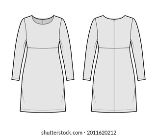 Dress empire line technical fashion illustration with long sleeves, oversized body, knee length A-line skirt. Flat apparel front, back, grey color style. Women, men unisex CAD mockup