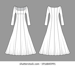 Dress evening technical fashion illustration with scoop neck, maxi floor length, fitted body, circular fullness, long sleeves. Flat apparel template front, back, white color. Women, unisex CAD mockup