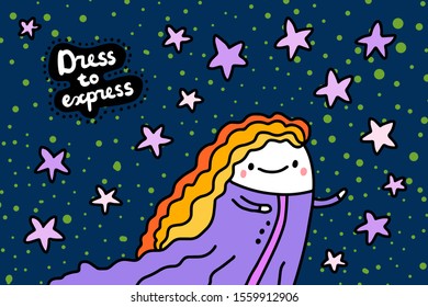 Dress to express hand drawn vector illustration in cartoon comic style woman in violet clothing dark textured background lettering
