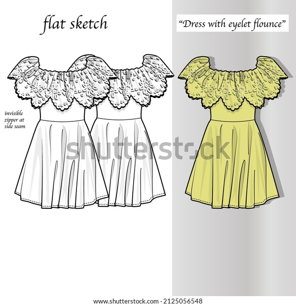 Dress with\
eyelet flounce (FLAT SKETCH\
INCLUDED)