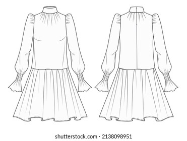 Dress fashion flat sketch template. Fashion design. Trendy dress front and back view. Set dress.