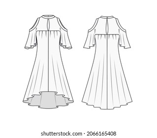 Dress fashion flat sketch template.Fashion design. Technical drawing of the dress. Off-the-shoulder dress front and back views. Dress with short sleeves.  