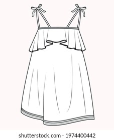 DRESS, Fashion Flat Sketches, Apparel Design Template for girls. Fashion dress flat illustration for girls. Technical drawing of the dress. GIRLS CLOTHING FASHION FLAT DRAWING