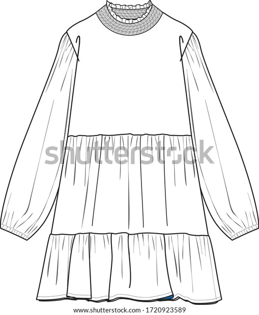 DRESS, Fashion Flat Sketches,\
Apparel Design Template. Smocked high neck and a gathered\
dress