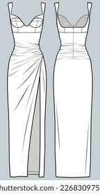 Dress fashion flat technical drawing template, Fashion Flat Sketch, Apparel Design Template women, front view, back view, white, CAD mockup.