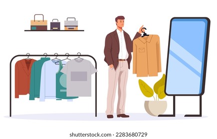 Dress fashion outfit clothes wardrobe. People trying clothes looking mirror concept. Vector graphic design illustration