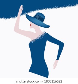 Dress With Faux Fur Trim, Smart, Blue - Elegant Woman With Hat - Abstract Background - Vector. Winter Clothes. Beauty Fashion Salon.