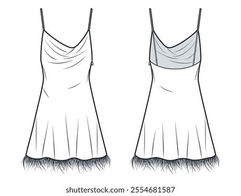 Dress with Feather Trim technical fashion illustration. Mini Slip Dress fashion flat technical drawing template, bias cut, side zipper, straps, front and back view, white, women CAD mockup.