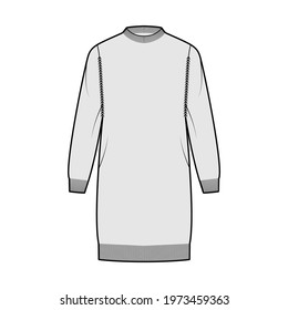 Dress Fisherman Sweater technical fashion illustration with rib crewneck, long sleeves, oversized, knee length, knit trim. Flat jumper apparel front, grey color style. Women men unisex CAD mockup