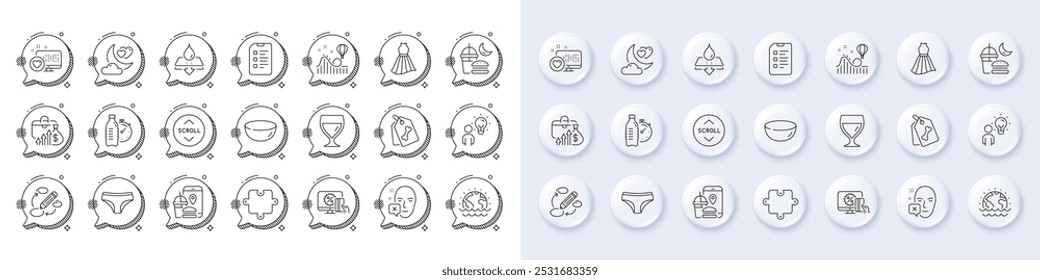 Dress, Fitness water and Water resistant line icons. White pin 3d buttons, chat bubbles icons. Pack of Heart, Disaster, Face declined icon. Checklist, Night eat, Group people pictogram. Vector