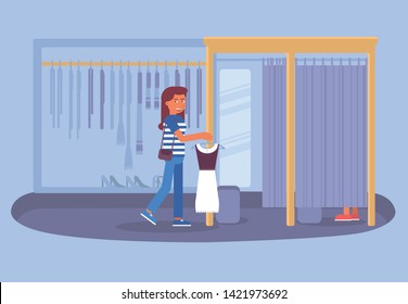 Dress fitting, shopping flat vector illustration. Smiling shopper, buyer with handbag cartoon character. Young woman carrying clothing to dressing room with mirror. Boutique customer, wardrobe update