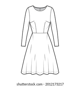 Dress flared skater technical fashion illustration with long sleeves, fitted body, knee length semi-circular skirt. Flat apparel front, white color style. Women, men unisex CAD mockup