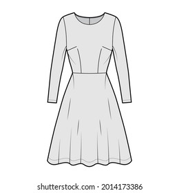 Dress flared skater technical fashion illustration with long sleeves, fitted body, knee length semi-circular skirt. Flat apparel front, grey color style. Women, men unisex CAD mockup