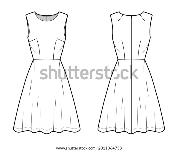 Dress flared skater technical fashion illustration\
with sleeveless, fitted body, knee length semi-circular skirt. Flat\
apparel front, back, white color style. Women, men unisex CAD\
mockup