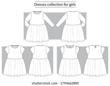 Dress with a flared skirt collection basic set of technical sketches for girls