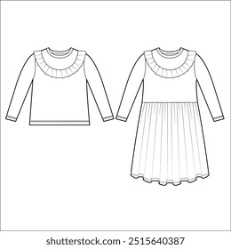 Dress with a flared skirt collection basic set of technical sketches for girls