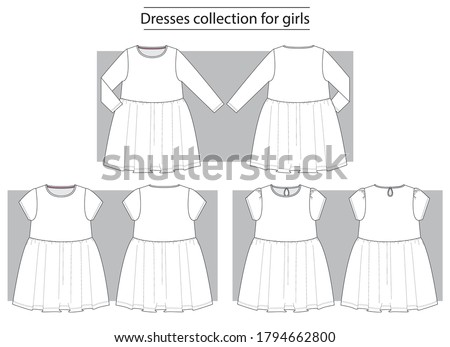 Dress with a flared skirt collection basic set of technical sketches for girls