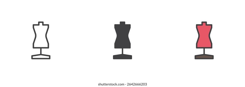 Ícone de manequim vestido forma definido disponível em contorno, sólido e colorido preenchido vetor estilos. Ícone simbolizando moda, alfaiataria, design de roupas e representação de costura.