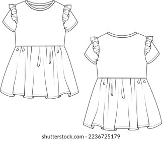 DRESS AND FROCKS FOR GIRL WEAR FRONT AND BACK FLAT DESIGN VECTOR