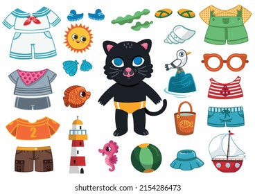 Vestir el juego con personaje de gato en verano para los niños. Ilustración vectorial.