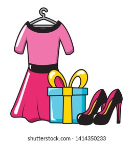 dress gift box high heel shoes pop art vector illustration