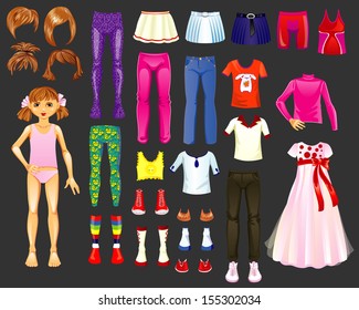 Dress the girl figure of a child and a set of clothes, shoes and hairstyles