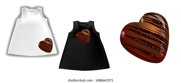 Dress for girls with a fashionable print. Chocolate heart in the picture. Vector realistic illustration of baby clothes.