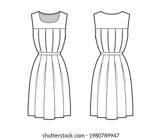 Dress gymslip technical fashion illustration with sleeveless, knee length A-line skirt, pleats, scoop neckline. Flat girls school uniform apparel front, back, white color style. Women, men unisex CAD