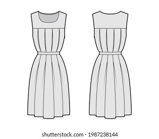 Dress gymslip technical fashion illustration with sleeveless, knee length A-line skirt, scoop neckline. Flat girls school uniform apparel front, back, grey color style. Women, men unisex CAD mockup